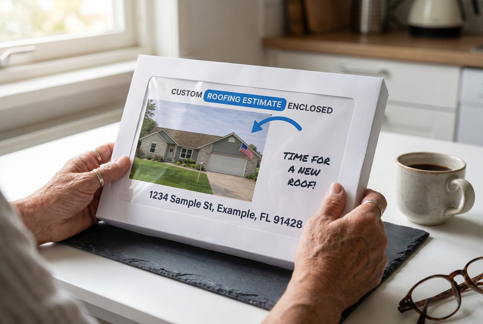 A homeowner's hands holding the Bid Mailers windowed estimate envelope at their kitchen table