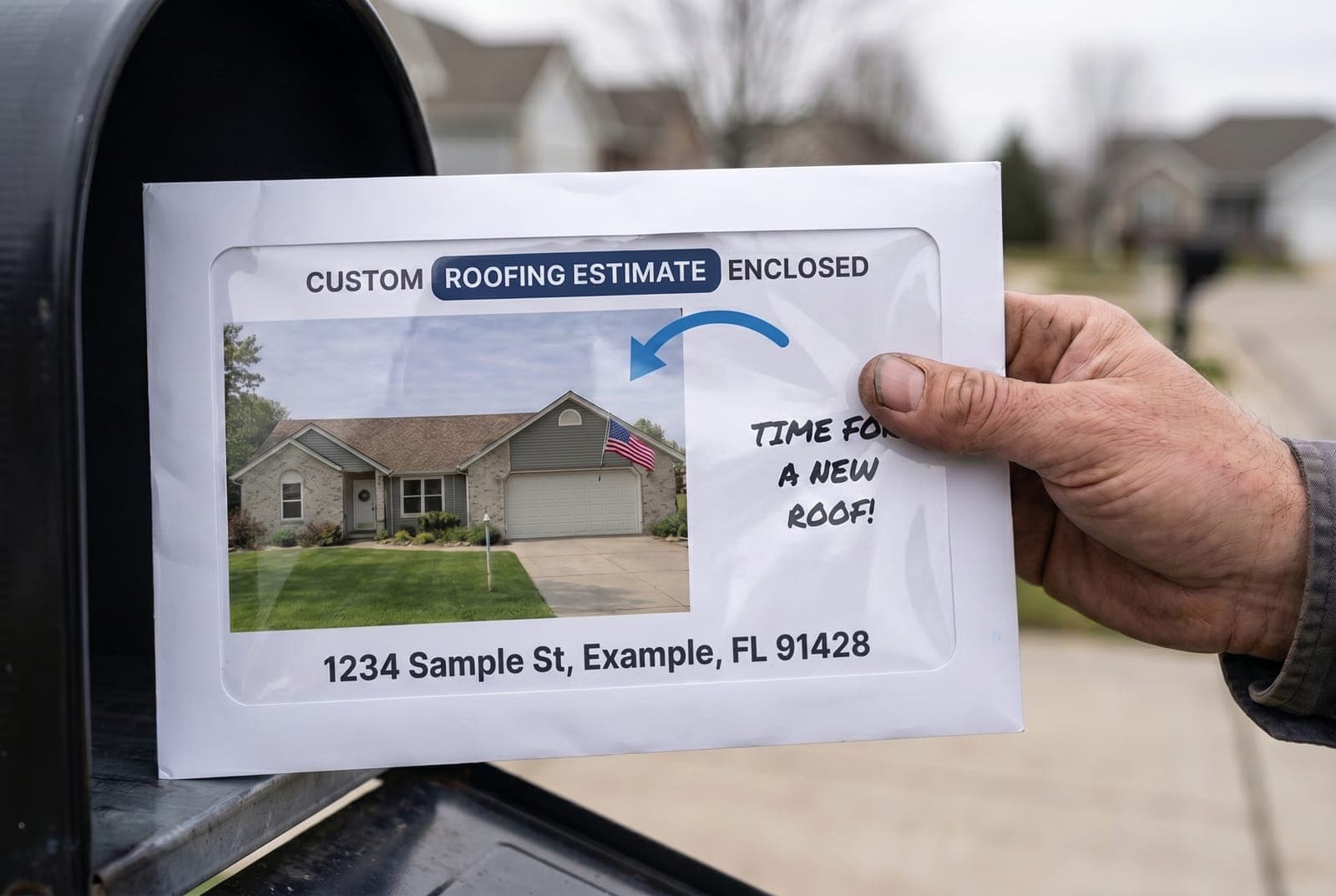 A homeowner's hand pulling the Bid Mailers windowed estimate envelope out of their mailbox