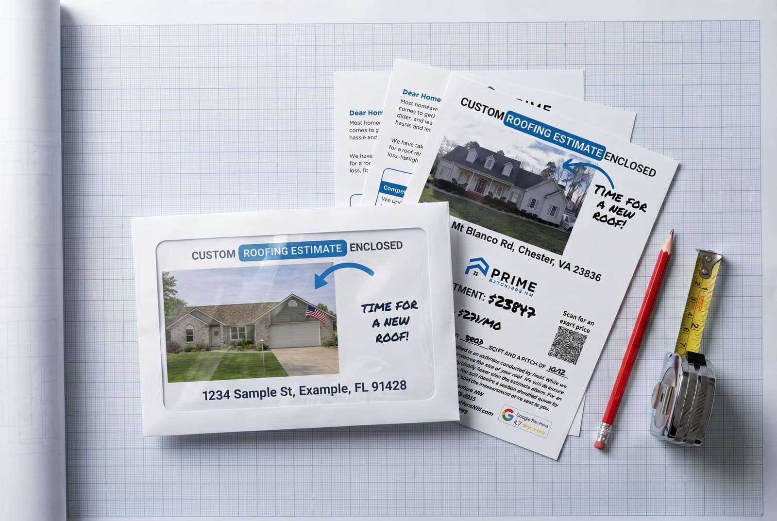 The 5-page estimate packet and windowed envelope on blueprint paper