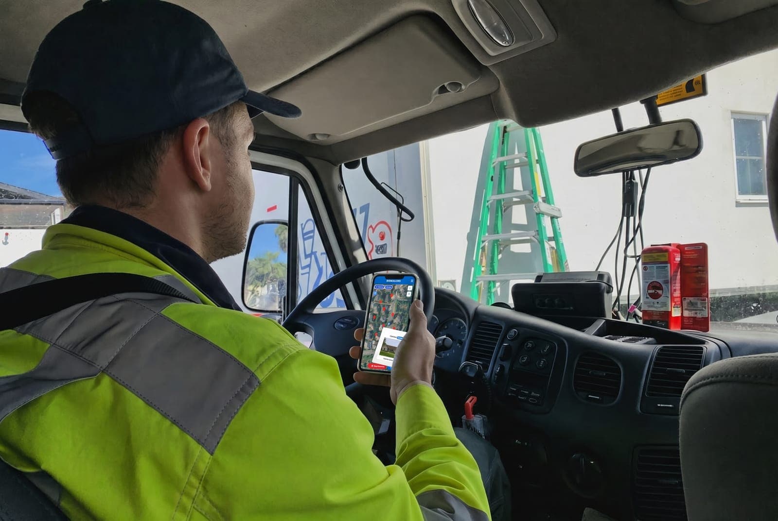 Contractor dropping pins in the Bid Mailers app from his truck