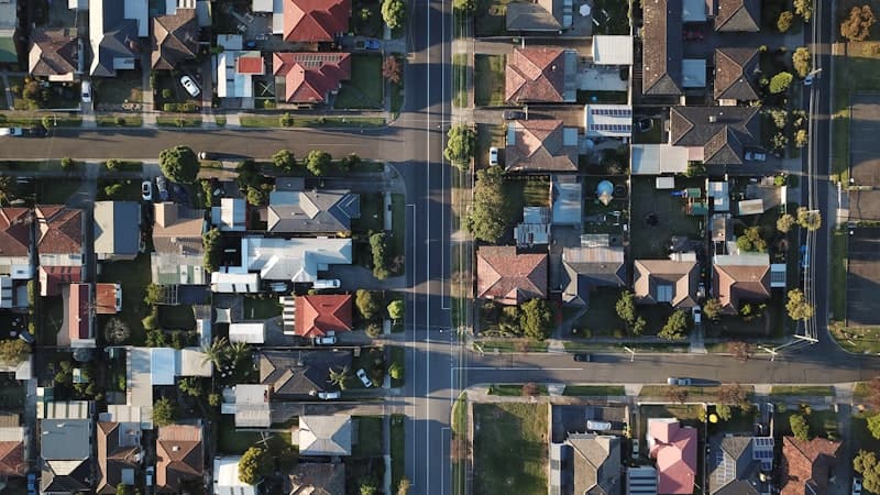 High-resolution aerial view of a residential neighborhood used for roof measurement