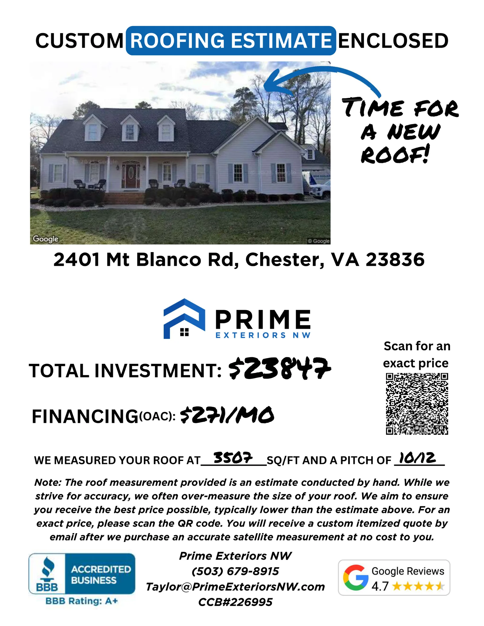 Sample mailer page 1, the snapshot: house photo, total investment price, roof measurement