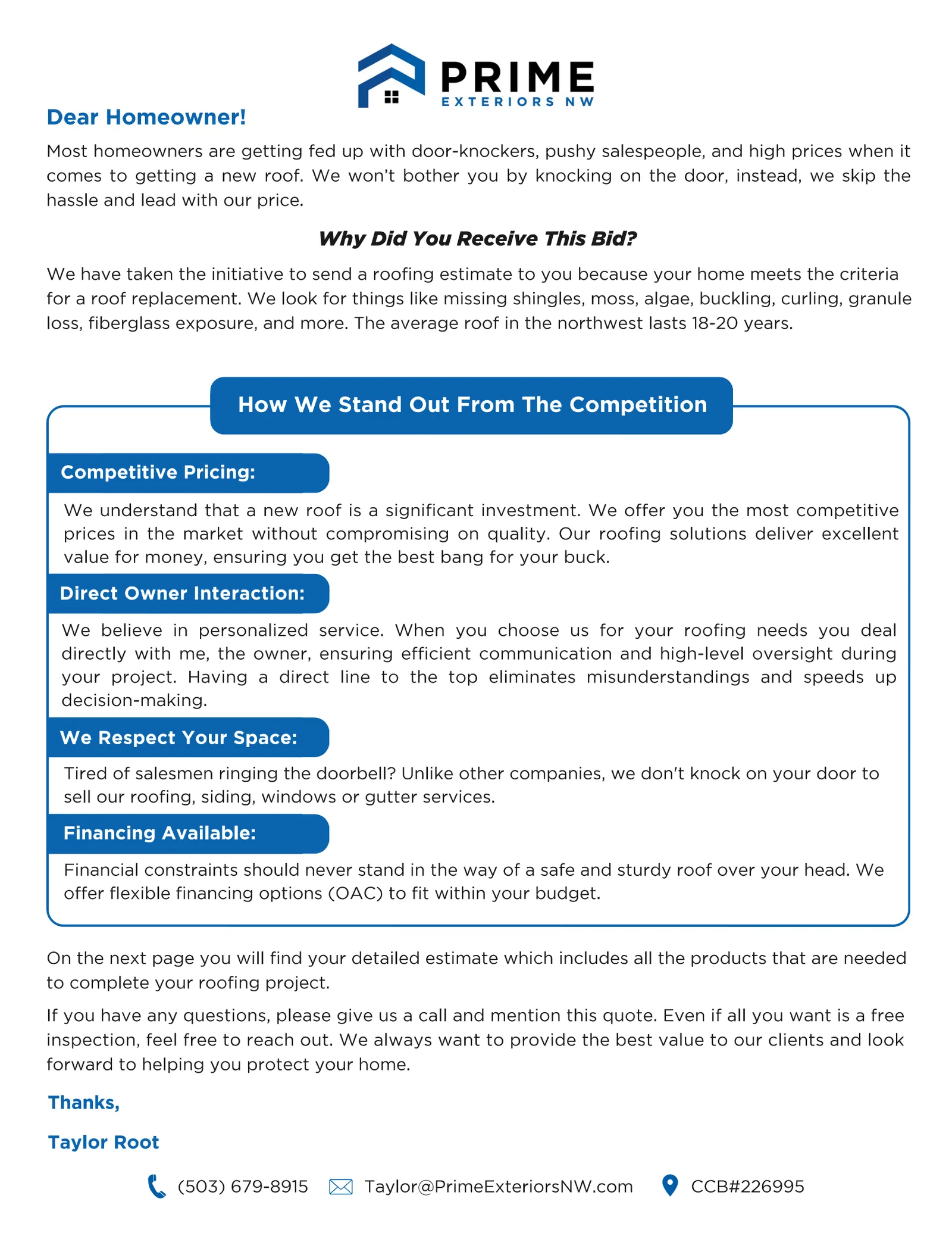 Sample mailer page 2: personal letter explaining why the home was selected