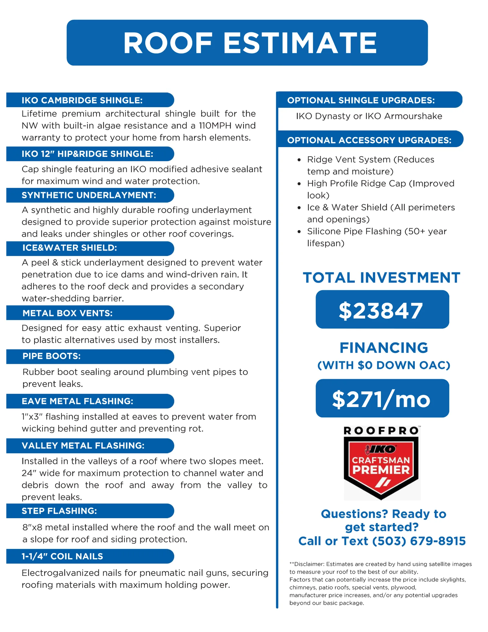 Sample mailer page 3: itemized estimate with materials and pricing breakdown